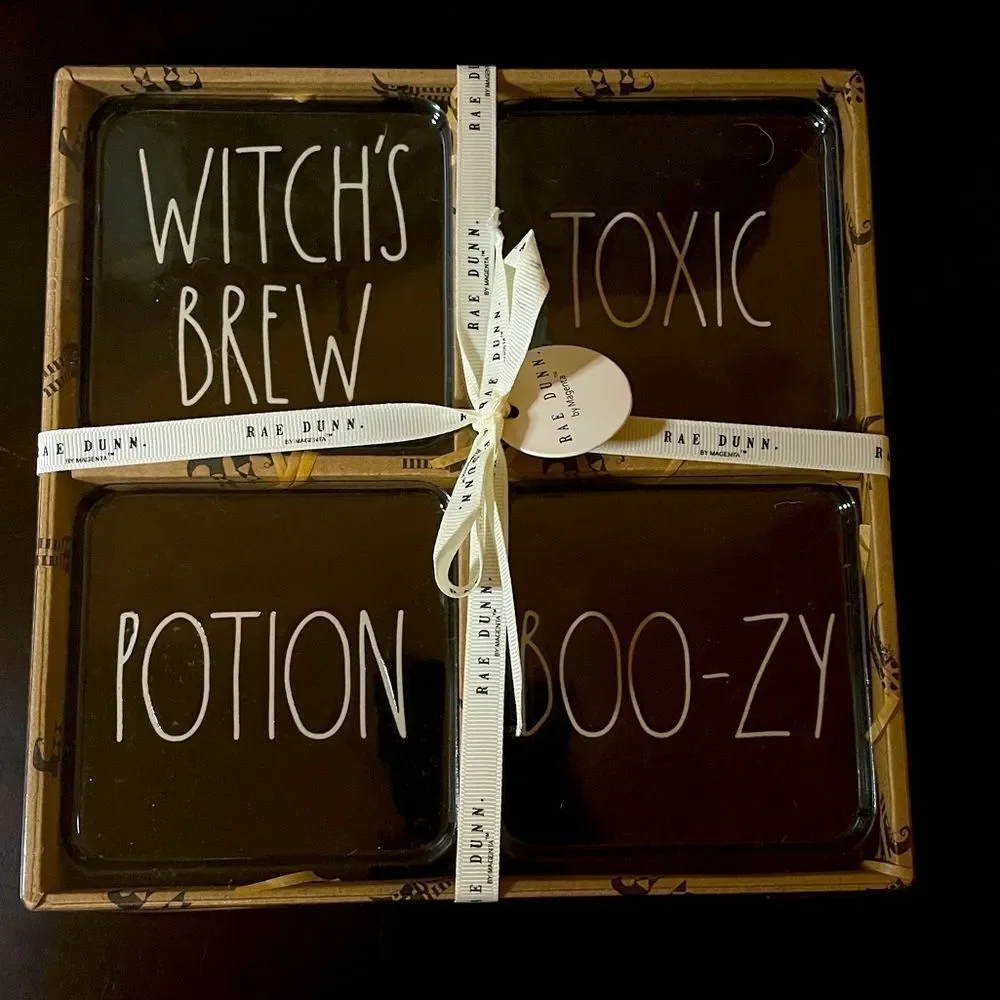 Rae Dunn Black Coaster Set Toxic, Potion, Witches Brew, & Boo-zy